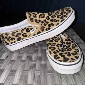 Vans Tan and Black Leopard Slip-Ons